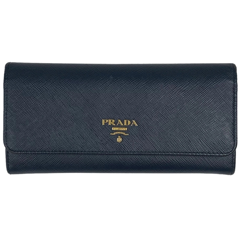 Prada Bi fold Long Wallet Saffiano Leather Navy Blue